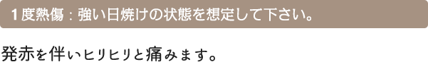 1 度熱傷 : 強い日焼けの状態を想定して下さい。 発赤を伴いヒリヒリと痛みます。